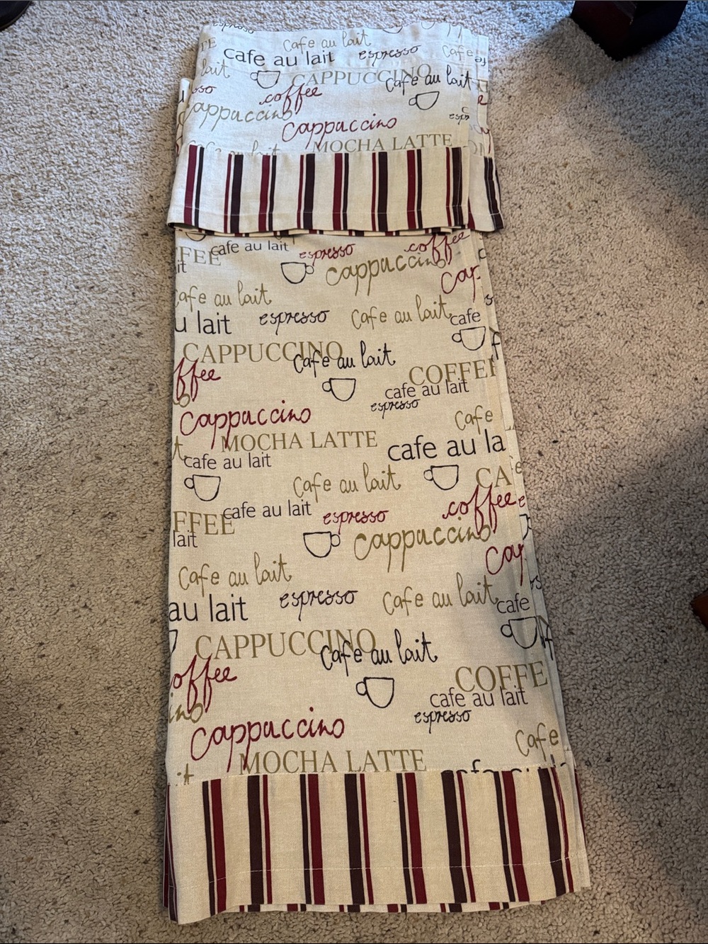 Cream, Brown and Burgundy Coffee-Themed Curtain and Valance